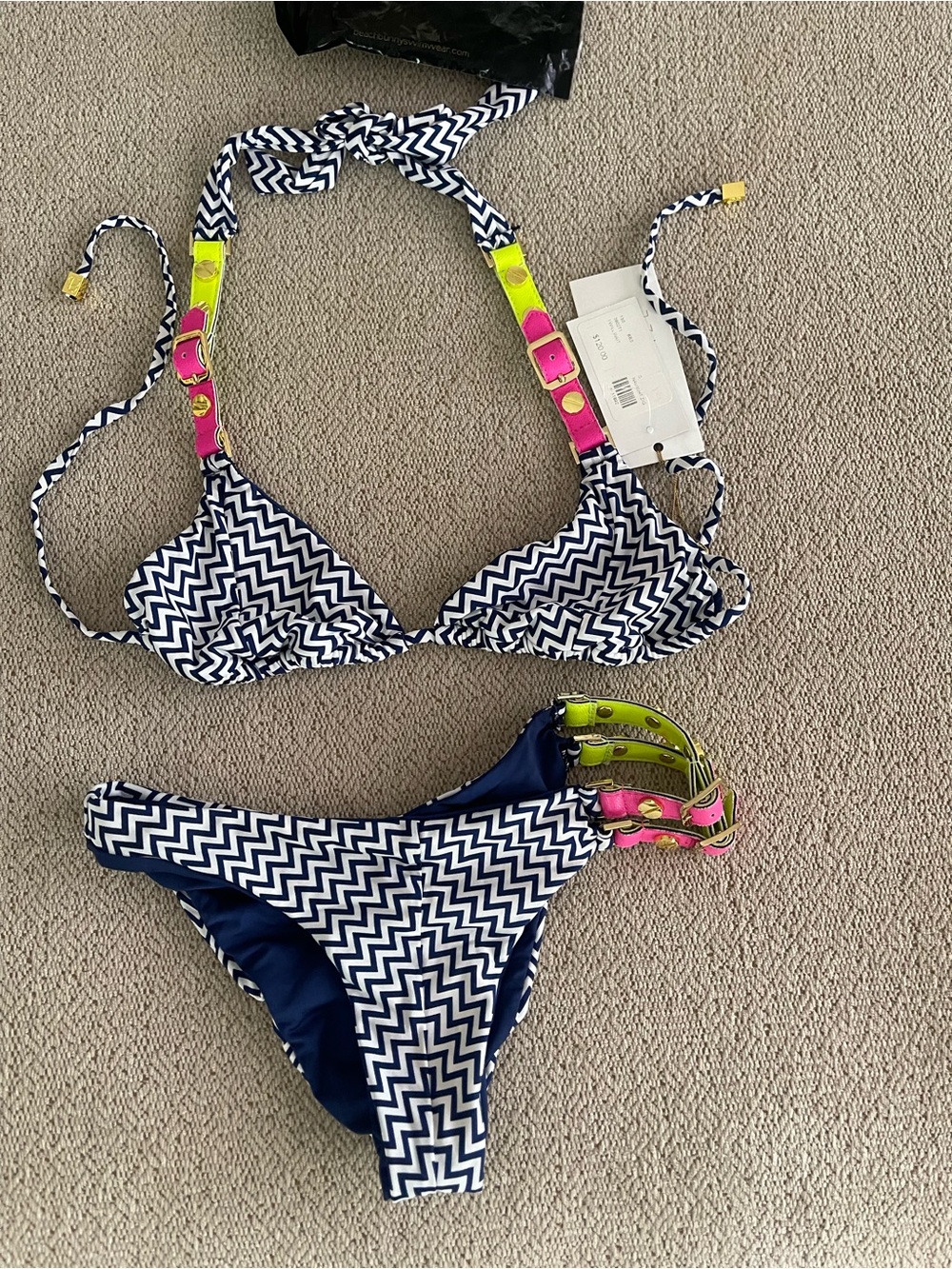 Beach Bunny Navy Chevron Bikini with Neon Pink & Yellow Accents